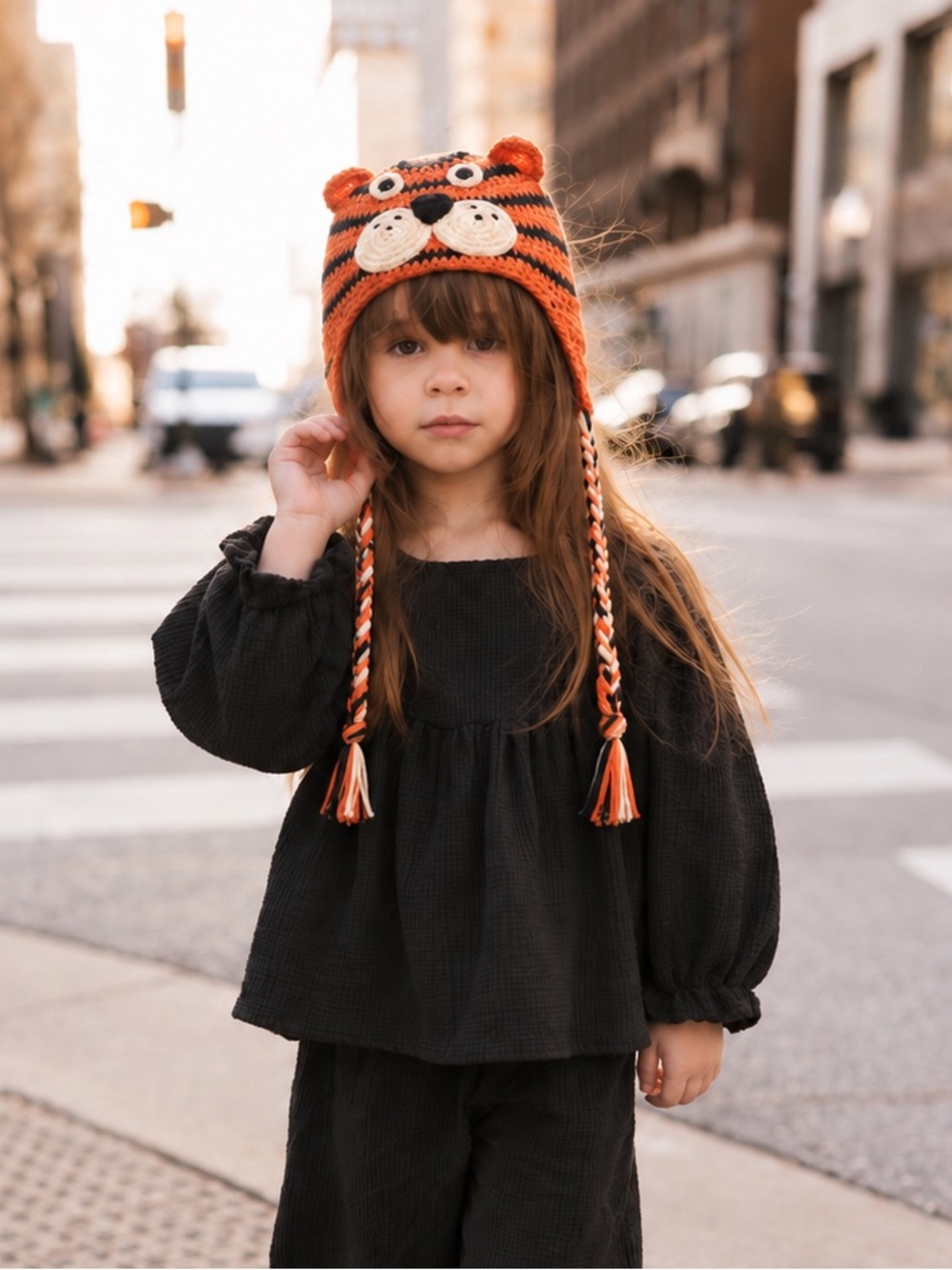 Handmade Crochet Tiger Kids Hat Orange Black Animal Earflap Braided Ties